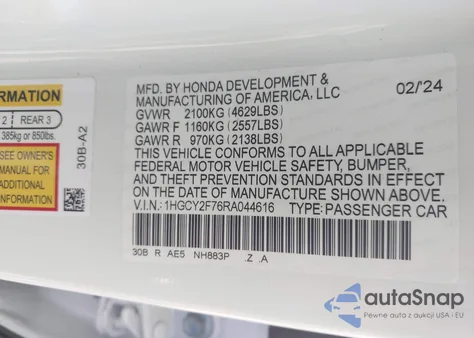 2024 Honda Accord Hybrid Sport-L из США, поврежденный, VIN 1HGCY2F76RA044616